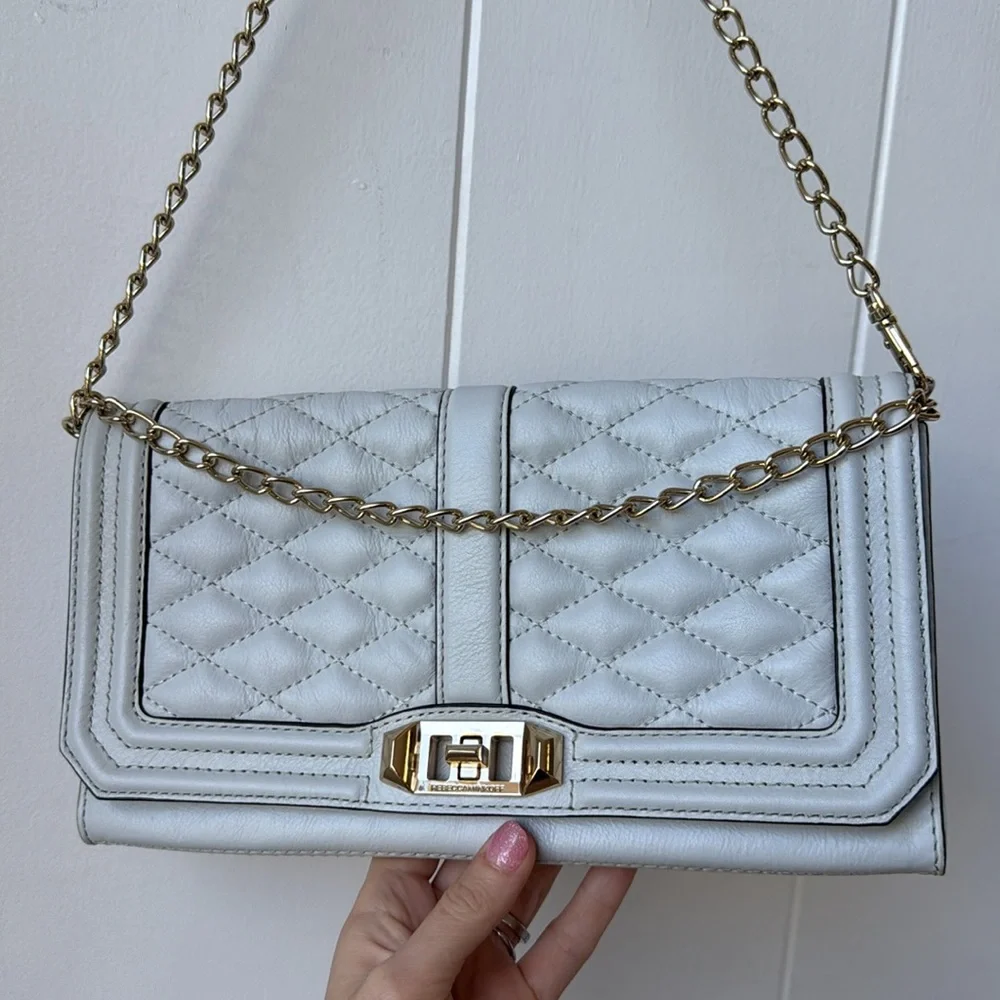 HOLD Rebecca Minkoff Love Quilted Crossbody Shoulder Bag Gray Beige Cream Taupe - Picture 3 of 11